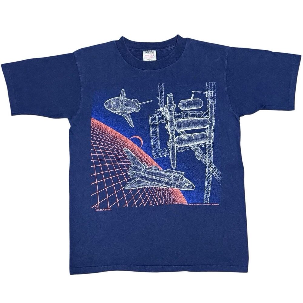 Vintage 1986 Blackbird NASA Space Shuttle AOP Double Sided Tee Oneita PowerT M/L